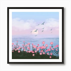 Pink Flowers At Sunset Art Print