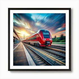 A high-speed train rushing through a railway station at sunset. Art Print