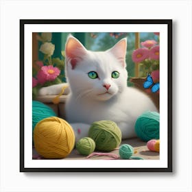 White Cat With Yarn Art Print