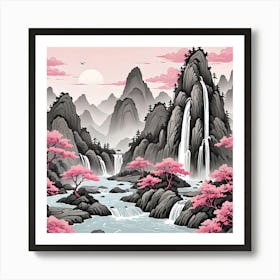 Chinese Landscape With Waterfalls, Black And Pink Art Print
