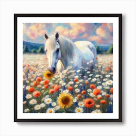 White Horse In A Sunflower Field Art Print