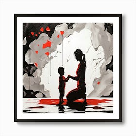 Mother and Child Love Sumi-e Ink Abstract Wall Art Print Póster