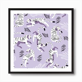 White Tiger Pattern On Pastel Purple Square Art Print