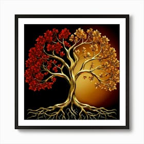 Template: Half red and half black, solid color gradient tree with golden leaves and twisted and intertwined branches 3D oil painting 5 Art Print