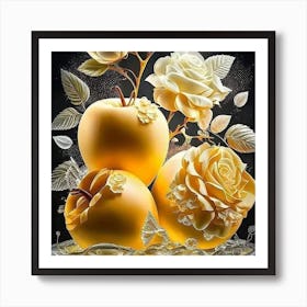 Three Apples With Roses Art Print