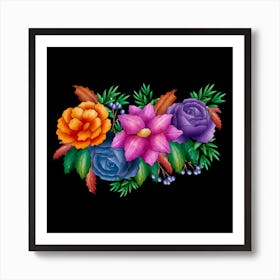 Colorful Flowers On A Black Background,beautiful vintage floral bouquet Art Print