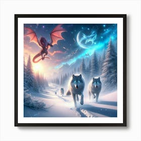 Snowy Wolf Pack Family 4 Art Print