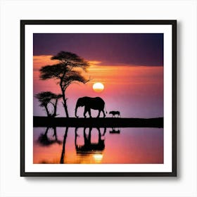 Sunset With Elephants 1 Art Print