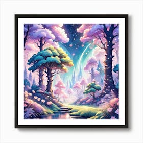 A Fantasy Forest With Twinkling Stars In Pastel Tone Square Composition 286 Art Print