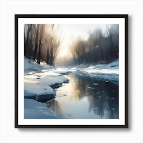 Winter Woodland Landscape, River Reflections 1 Art Print