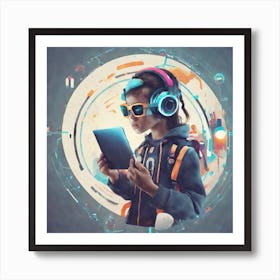 Child With Headphones And Tablet 1 Art Print