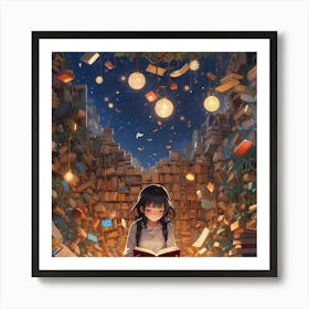 Girl Reading A Book #Science Fiction Library Art Print