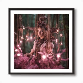 Steampunk Pink Winged Fairy Forrest Lights Art Print