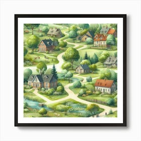 Watercolor Village In Bright Summer Tones Art Print