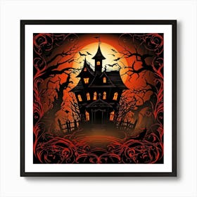 A Fiercely Blazing Haunted House Banner Devilishly Shadowed And Skittish Across The Eerie Pattern O (1) 2 Art Print