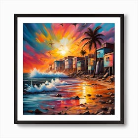 Sunset's Embrace Over Beachside Residences Art Print