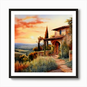 Watercolor Tuscan Villa Vibrant Colours Sunset Pale Blue Sky Shades Of Terracotta Olive Green Art Print