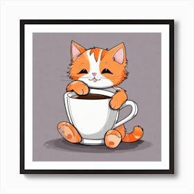 Cute Orange Kitten Loves Coffee Square Composition 1 Art Print