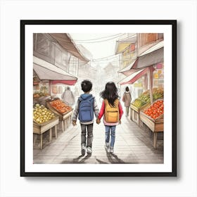 Two People Walking In A Market Art Print