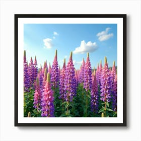 A Picturesque Scene Of A Field Of Pink And Purple Lupines Under A Blue Sky 4 Art Print