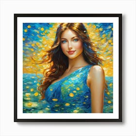 Beautiful Woman Inhj Blue Dress Art Print