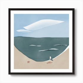 Beach Curve And Seagull Square Art Print