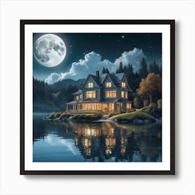 Artistic Moon Lake House Art Print 2 Art Print