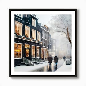 Amsterdam cafes, winter season, Christmas, pale colors, pedestrians in the street, winter clothes, falling snow.3 Art Print