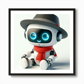 A cute and adorable robot wearing a hat and scarf sits on a white background, looking up with its big, blue eyes full of curiosity and wonder Art Print