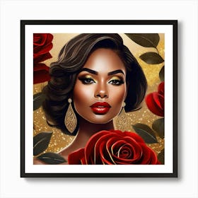 Black Woman With Red Roses 5 Art Print