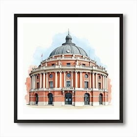 Watercolor Painting Of The Royal Albert Hall In London, Showcasing Its Grand Dome And Ornate Architecture Art Print