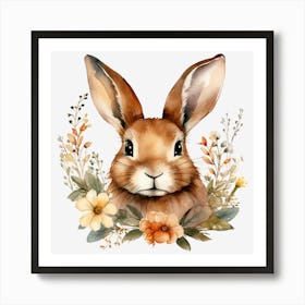 Watercolor Bunny With Flowers Art Print