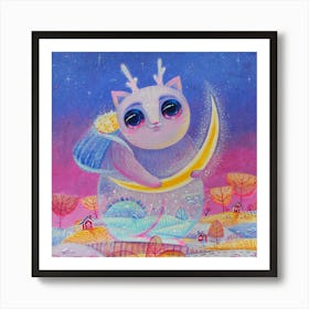 Fairytale Cat Holds Moon Affiche