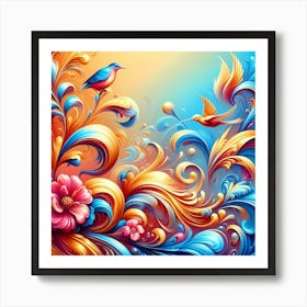 Colorful Floral Background With Birds And Flowers Art Print