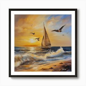 Oil painting design on canvas. Sandy beach rocks. Waves. Sailboat. Seagulls. The sun before sunset.17 Art Print