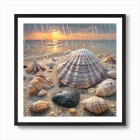 Seashells On Soft Sand Under Vibrant Sunset And Rain Art Print