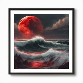 Red Moon Over The Ocean Art Print