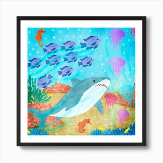 Shark And Fishes Square Art Print