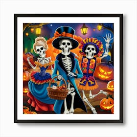 Halloween Skeletons With Pumpkins And A Basket Art Print