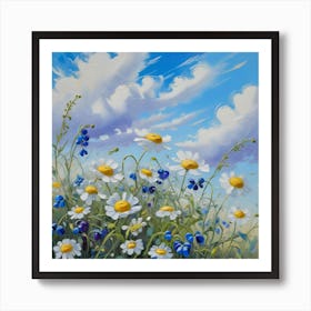 Beautiful Field Meadow Flowers Chamomile Blue Wild Peas In Morning Against Blue Sky With Clouds Nature Landscape Close Up Macro Wide Format Copy Space Delightful Pastoral Airy Artistic Image 3 Art Print