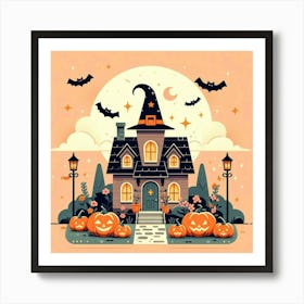 Halloween House With Pumpkins At Night - Cute Vector style Illustration Art Print