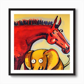 Red Horse And Yellow Elephant At Play Art Print