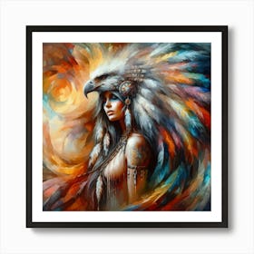 Native American Indian Woman With Hawk 3 Art Print