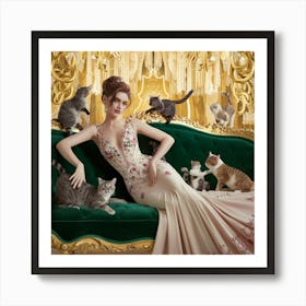 Decadent Young Woman After The Dance With Cats Green Sofa (1) 1 Art Print