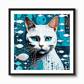 Blue Cat with Fishes Illustration Poster Artwork Art Print