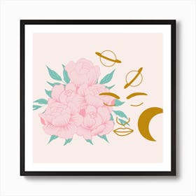 Golden Woman And Flowers Square Art Print