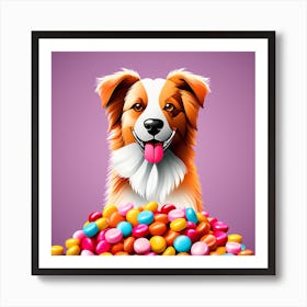 Dog With Candies, colorful dog illustration, dog portrait, animal illustration, digital art, pet art, dog artwork, dog drawing, dog painting, dog wallpaper, dog background, dog lover gift, dog décor, dog poster, dog print, pet, dog, vector art, dog art, dog and candy Art Print