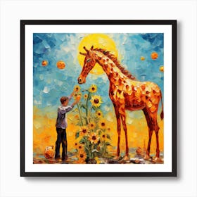 Sunflowers And Giraffe Art Print