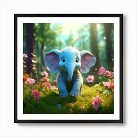 Firefly 3d, Animated, Cute, Little, Round, Turquoise, Elephant, Baby, Forest, Pink Flowers, Whimsica Art Print