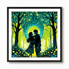 Couple Kissing In The Forest, Silhouettes Of Two People Hugging Surrounded By Elements Of Nature Flowers Trees Growing Art Print